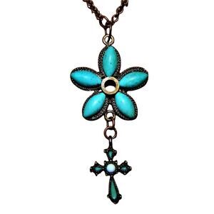Sweet Vintage Faux Turquoise Flower Cross Necklace